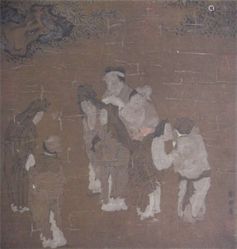 CHINESE SCROLL PAINTING OF PEOPLE IN GARDEN