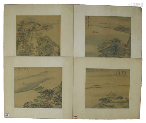 FOUR PAGES OF CHINESE SCROLL PAINTING OF MOUNTAIN VIEWS