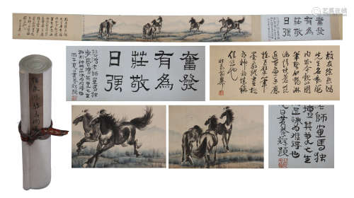 CHINESE HAND SCROLL PAINTING OF HORSE WITH CALLIGRAPHY