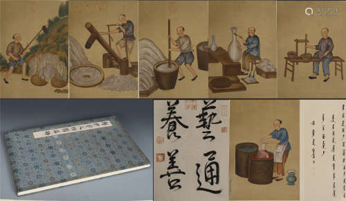 SIX PAGES OF CHINESE ALBUM PAINTING OF PORCELAIN MANUFICATURE WITH CALLIGRAPHY