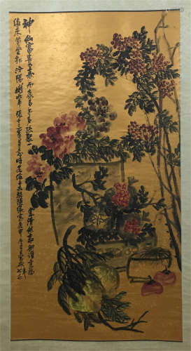 CHINESE SCROLL PAINTING OF FLOWER IN BASIN