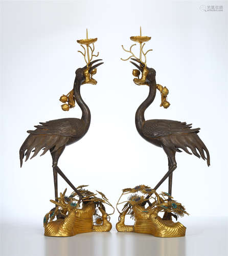 PAIR OF CHINESE GILT SILVER CRANE CANDLE HOLDER