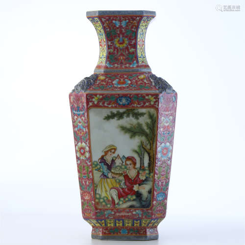 CHINESE PORCELAIN FAMILLE ROSE WESTERN BEAUTY SQUARE VASE