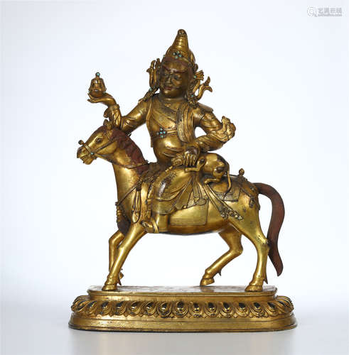 TIBETAN GILT BRONZE GOD OF WEALTH ON HORSE