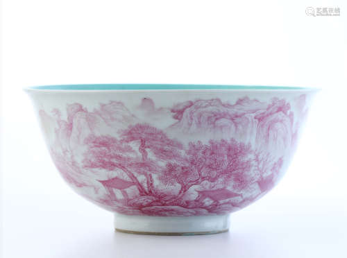 CHINESE PORCELAIN RED PAINTED MOUNTAIN VIEWS BOWL