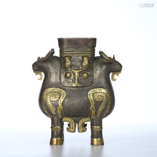 CHINESE GILT SILVER RAMS ZUN VASE