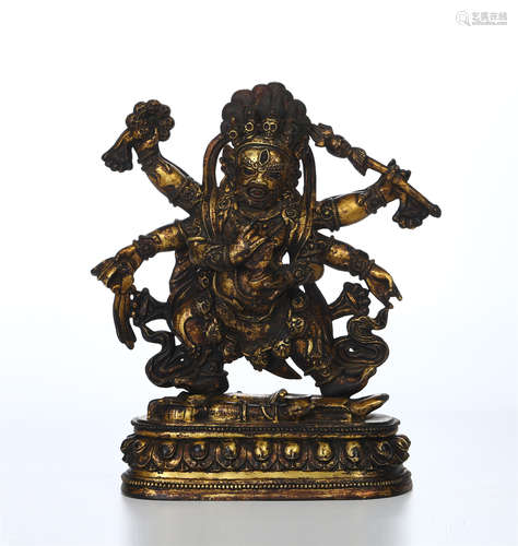 TIBETAN GILT BRONZE STANDING BUDDHIST GUARDIAN