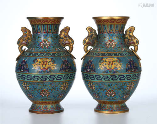 PAIR OF CHINESE CLOISONNE BEAST VASES