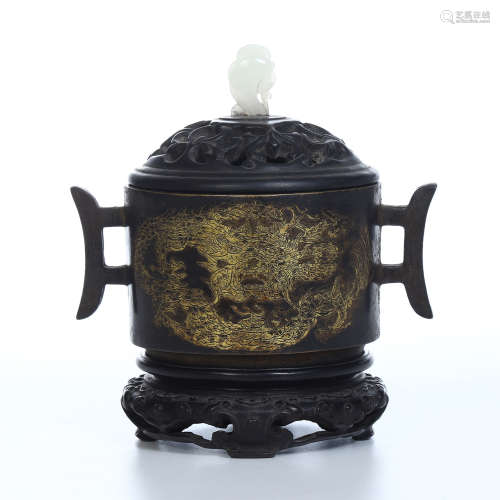 CHINESE GILT BRONZE DRAGON CENSER WITH ROSEWOOD BASE AND WHITE JADE KNOT LIDDER