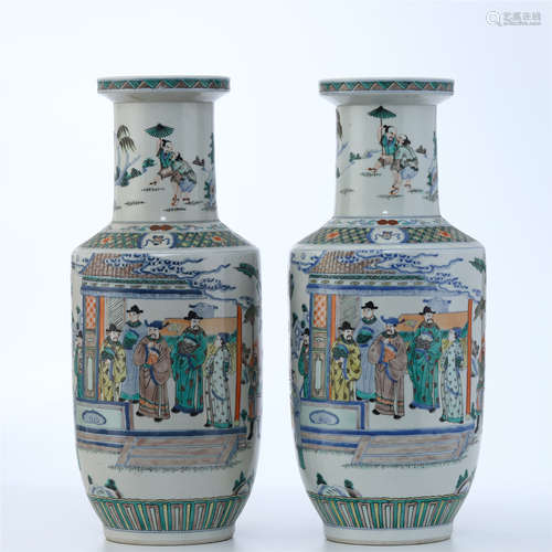 PAIR OF CHINESE PORCELAIN BLUE AND WHITE WUCAI FIGURE AND STORY VASES