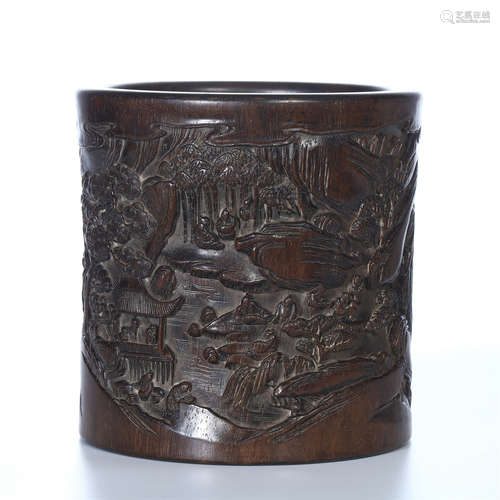 CHINESE ROSEWOOD MEN IN GARDEN BRUSH POT