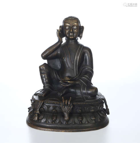 CHINESE SILVER THREAD INLAID BRONZE SEATED GOD OF WEALTH