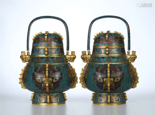 PAIR OF CHINESE CLOISONNE LONG HANDLE ZUN VASES