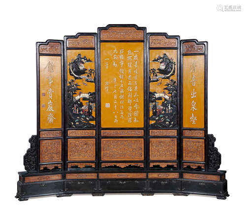 CHINESE ROSEWOOD GEMSTONE INLAID MOUNTAIN VIEWS FIVE PANEL FLOOR SCREEN