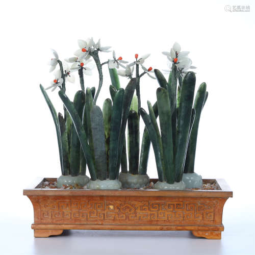 CHINESE SPINACH JADE ORCHID BENSAI IN ROSEWOOD BASIN
