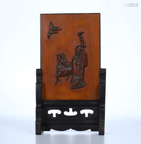 CHINESE BAMBOO FIGURES PLAQUE ROSEWOOD TABLE SCREEN