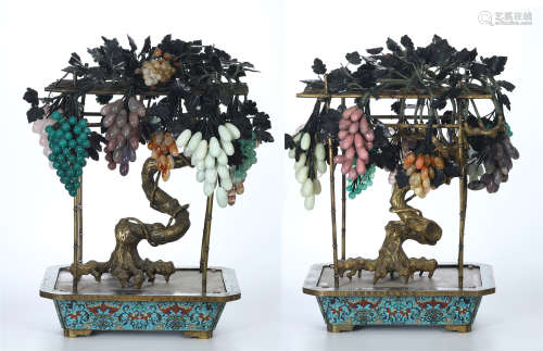 PAIR OF CHINESE JADE GRAPE BENCAI IN CLOISONNE BASIN