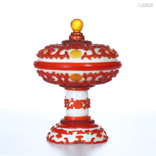 CHINESE RED PEKING GLASS LIDED STEM TRAY