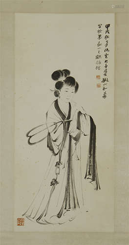 CHINESE SCROLL PAINTING OF STANDING BEAUTY