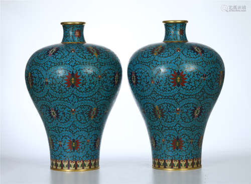 PAIR OF CHINESE CLOISONNE FLOWER MEIPING VASES