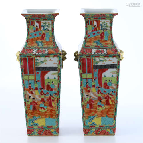 PAIR OF CHINESE EXPORT PROCELAIN FAMILLE ROSE FIGURES SQUARE VASES
