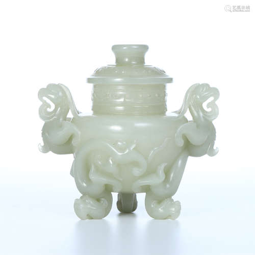 CHINESE WHITE JADE TRIPLE FEET DRAGON HANDLE LIDDED CENSER