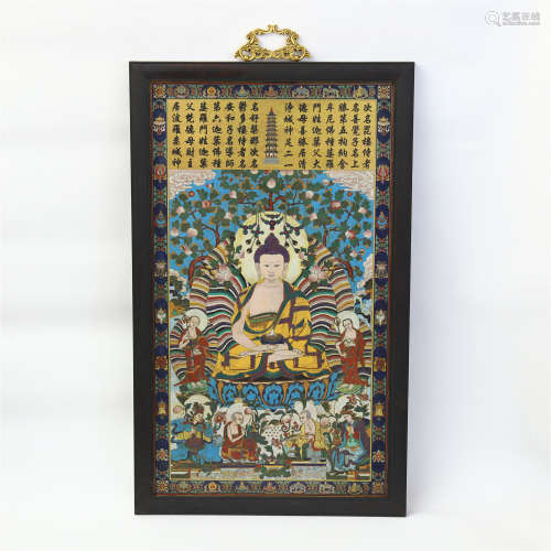 CHINESE CLOISONNE PLAQUE OF SEATED BUDDHA ROSEWOOD WALL HANGED SCREEN