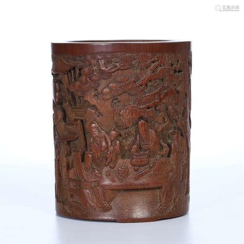 CHINESE BAMBOO FIGURES AND STORY BRUSH POT