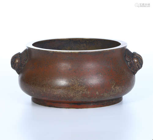 CHINESE BRONZE LION HEAD HANDLE ROUND CENSER