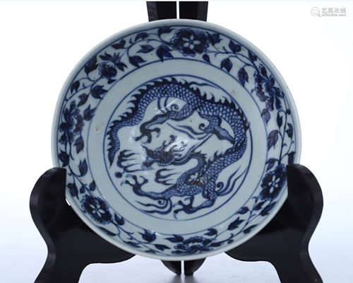 CHINESE PORCELAIN BLUE AND WHITE DRAGON PLATE