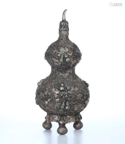 CHINESE JADE INLAID SILVER DOUBLE GOURD VASE