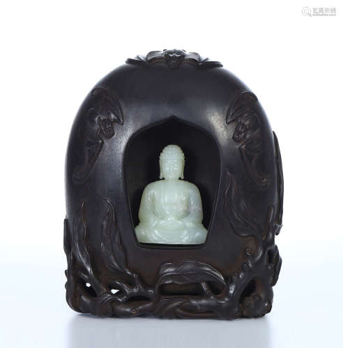 CHINESE WHITE JADE SEATED BUDDHA IN ROSEWOOD NICHE