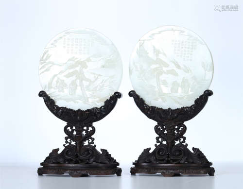 PAIR OF CHINESE WHITE JADE ROUND PLAQUE ROSEWOOD TABLE SCREEN