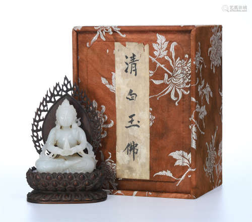 CHINESE WHTIE JADE SEATED BUDDHA IN ROSEWOOD BASE