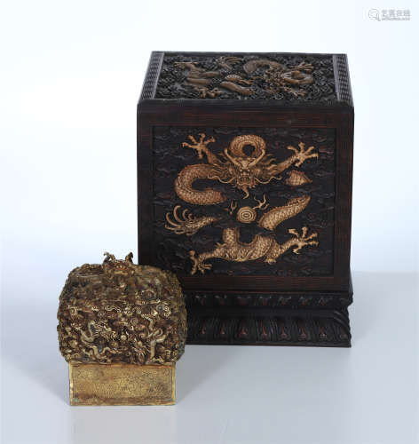 CHINESE GILT BRONZE DRAGON IMPERIAL SEAL IN HARDWOOD BOXWOOD CASE