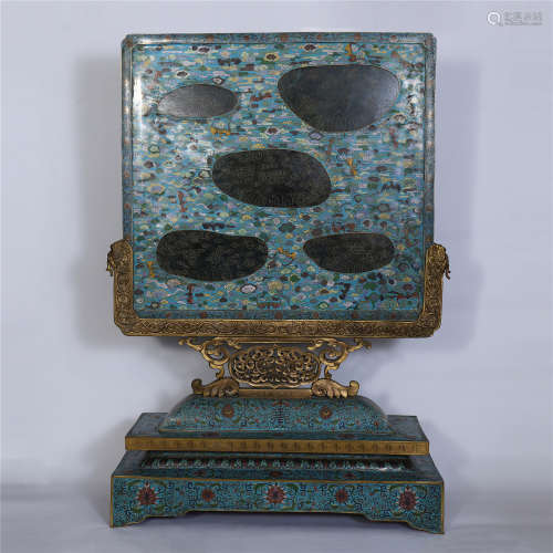 CHINESE SPINACH JADE INLAID CLOISONNE TABLE SCREEN