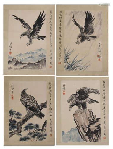 FOUR PANELS OF CHINESE SCROLL PAINTING OF EAGLE WITH CALLIGRAPHY