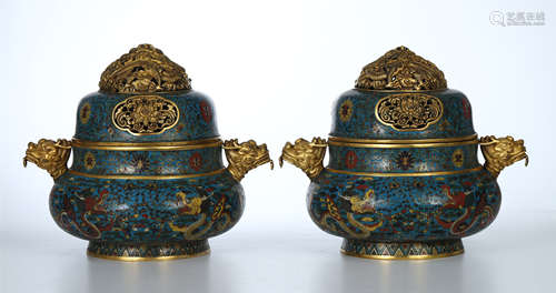 PAIR OF CHINESE CLOISONNE DRAGON LIDDED CENSERS