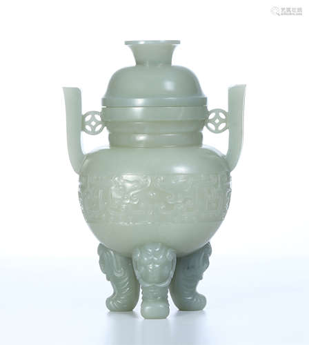 CHINESE CELADON JADE TRIPLE ELEPHANT TRUNK FEET LIDDED CENSER