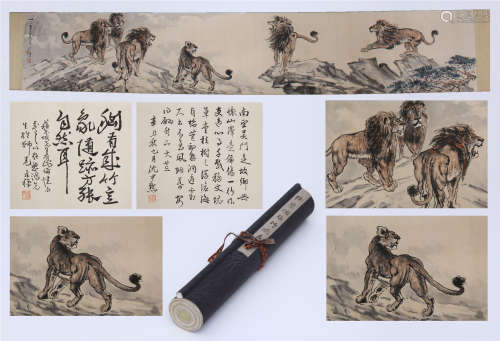 CHINESE HAND SCROLL PAINTING OF LIONS WITH CALLIGRAPHY
