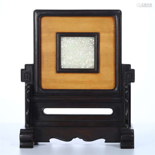 CHINESE WHITE JADE CRANE PLAQUE ROSEWOOD TABLE SCREEN