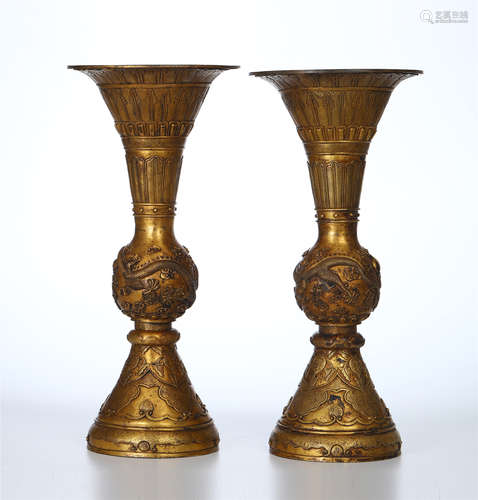 PAIR OF CHINESE GILT BRONZE GU VASES