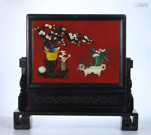 CHINESE GEM STONE INLAID CINNABAR PLAQUE ROSEWOOD TABLE SCREEN