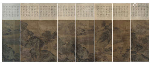 EIGHT PANELS OF CHINESE SCROLL PAINTINGS OF MOUNTAIN VIEWS WITH CALLIGRAPHY