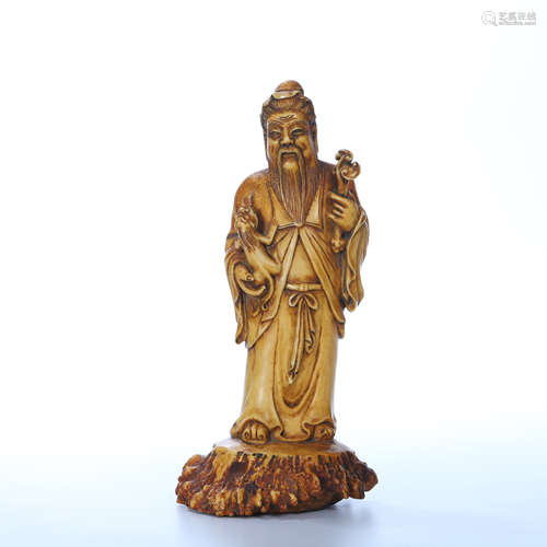 CHINESE BAMBOO STANDING MAN WITH RUYI AND LION