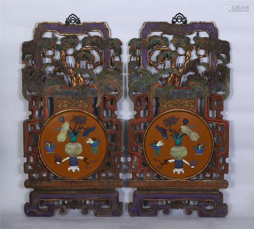 PAIR OF CHINESE GEM STONE JADE INLAID LACQUER WOOD WALL HANGED SCREEN