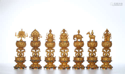 SEVEN CHINESE GILT BRONZE BUDDHIST RITAL VESSELS