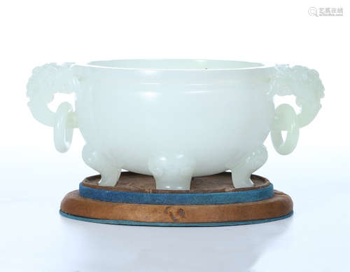 CHINESE WHITE JADE TRIPLE FEET LOOP HANDLE CENSER