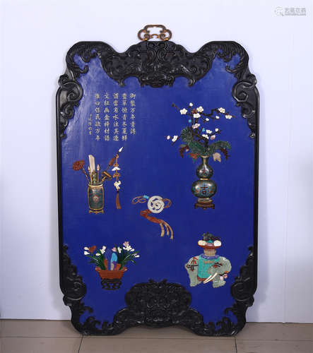 CHINESE GEM STONE INLAID BLUE LACQUER WALL HANGED SCREEN