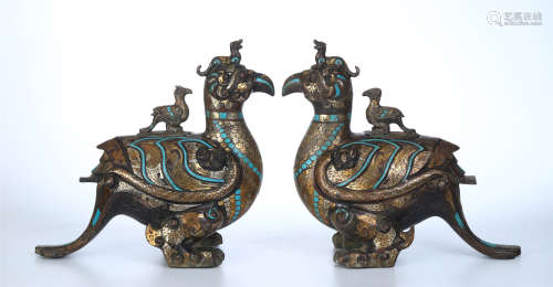 PAIR OF CHINESE SILVER GOLD TRUQUOISE INLAID BRONZE BRID